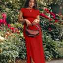 GOKATOSAU Women's Asymmetry Neck High Side Split Bodycon Ruched Plus Size Long Maxi Dress (Red)