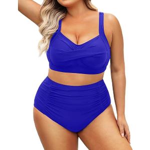 DACI Women Two Piece Swimsuit High Waisted Bikini Halter Vintage Retro Bathing Suit Push up Swimwear, L, Royal Blue