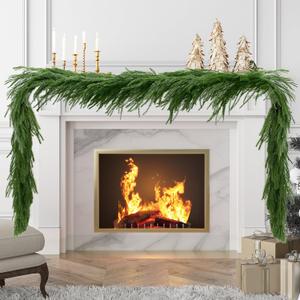 9FT Christmas Garlands Artificial Norfolk Pine Garlands Real Touch Winter Pine Garland for Table, Mantle, Wall, Indoor, Outdoor Christmas Decorations