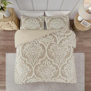 Madison Park Tufted Chenille 100% Cotton Duvet Modern Luxe All Season Comforter Cover Bed Set with Matching Shams, King/Cal King(104"x92"), Damask Taupe 3 Piece (Viola, Damsk Taupe)