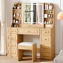 Arulvmrn 43" Makeup Vanity Desk with Mirror and Lights, & Power Outl, Glass Top Big Vanity Table with 9 Drawers& 8 Storage Shelves, Dressing Table Set with Chair for Bedroom, Wood