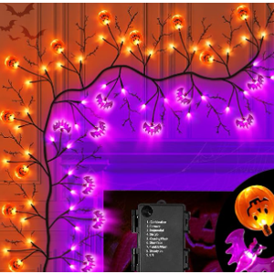 7 Ft Halloween Decorations Willow Vine Twig Garland with 8 Modes Timer 63 LED Orange Lights, Halloween Garland with Waterproof Battery Operated for Wall Fireplace Decorations Indoor Outdoor