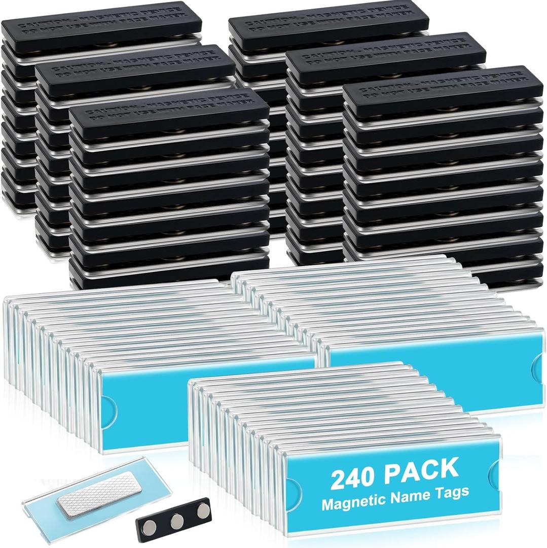 240 Pack Name Badge Magnets Kit Acrylic Magnetic Name Tag Holders with Blank Printable Paper Inserts 3 Magnets Clear Adhesive ID Holder for Business Events School Office