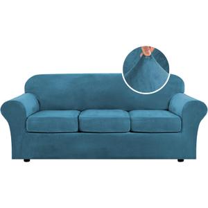 H.VERSAILTEX Modern Velvet Plush 4 Piece High Stretch Sofa Slipcover Sofa Cover Furniture Protector Form Fit Luxury Thick Velvet Sofa Cover for 3 Cushion Couch Width Up to 90 Inch (Sofa,Peacock Blue)