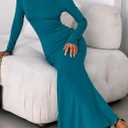 PRETTYGARDEN Fall Dresses for Women 2026 Long Sleeve Bodycon Mock Neck Ruched Maxi Formal Cocktail Wedding Guest Dress (Blue, XL)