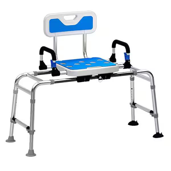 Sliding Shower Chair Tub Transfer Bench with Swivel Seat, Shower Bench for Elderly and Disabled, with Security Belt, 360 Rotation, Slides and Rotates, Adjustable