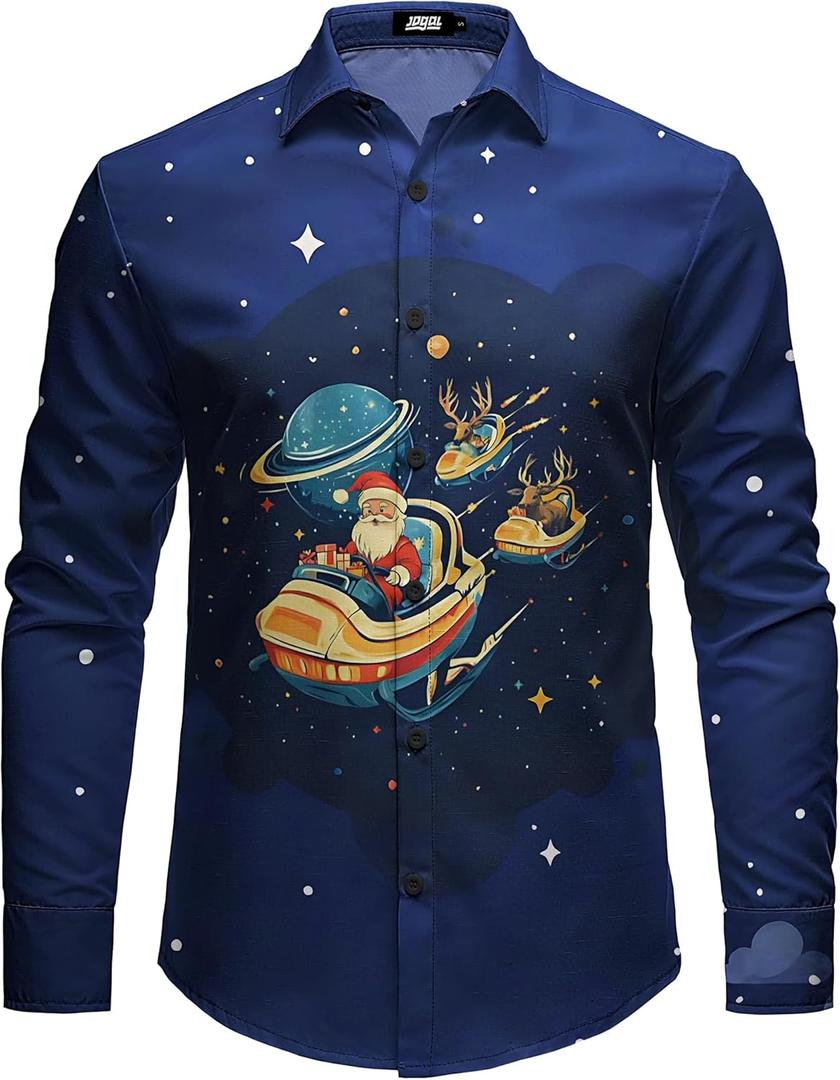 JOGAL Mens Christmas Turkey Thanksgiving Long Sleeve Santa Claus Button Down Shirt for New Year Party (M)
