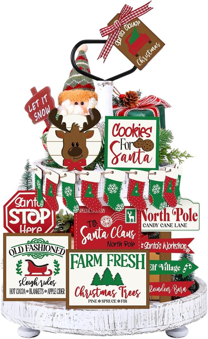 17 Pcs Christmas Tiered Tray Decor Set Winter Tiered Tray Decorations Reindeer Xmas Stocking Wooden 3D Signs Farmhouse Christmas Table Decorations for Home Shelf Rustic Table Centerpiece