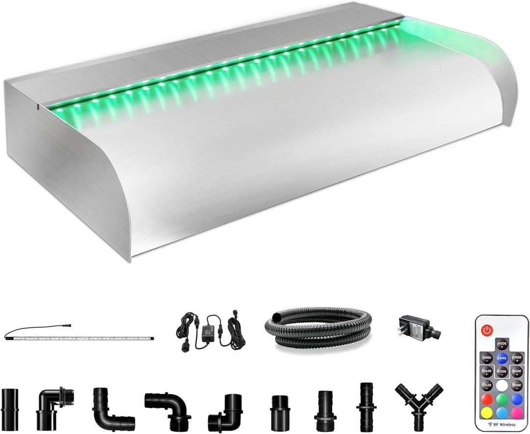 LONGRUN Waterfall Pool Fountain, Updated 13.7'' Wider Open Lip Stainless Steel Waterfall Spillway Water Feature for Swimming Pools, Koi Ponds, Spa & Garden - 23.6''