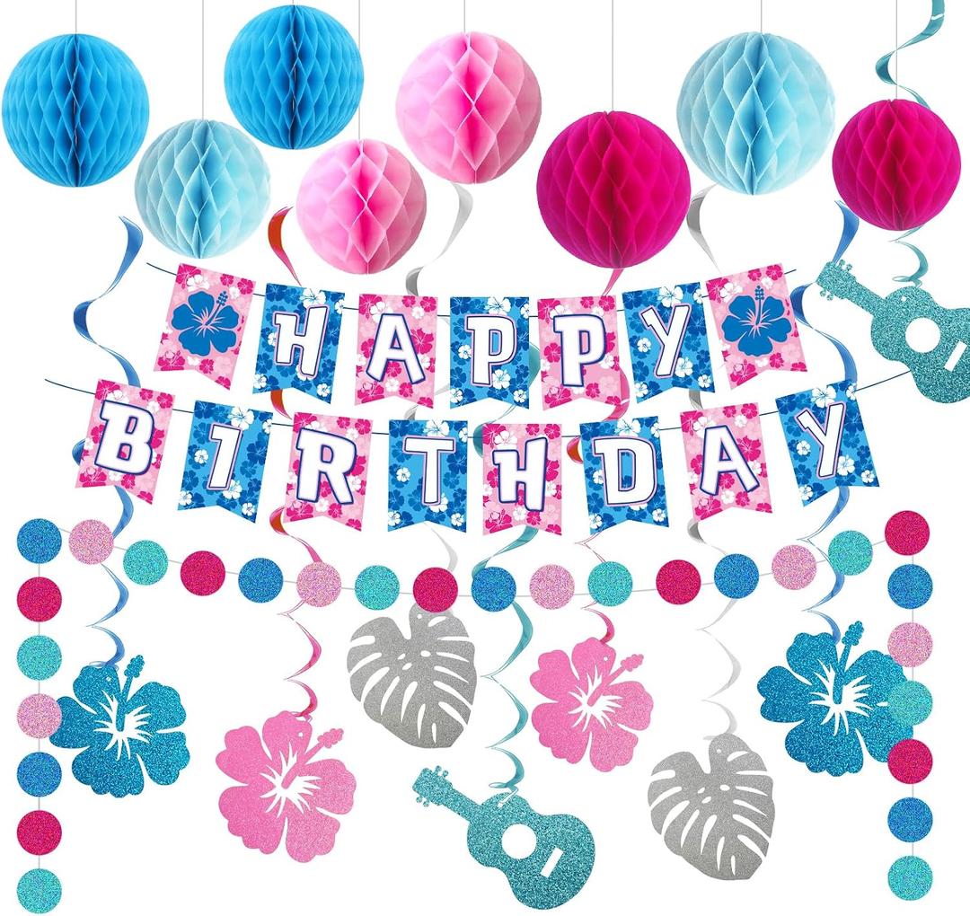 Tropical Party Decorations, Luau Themed Party Supplies, Birthday Banner, Honeycomb Balls, Summer Theme Hanging Swirls, Circle Dots Garland, Hawaiian Beach Decor for Boys and Girls