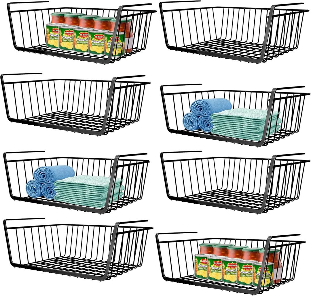 8 PACK Hanging Under Shelf Storage Basket Kitchen Cabinet Organizer Storage, Slides Under Wire Shelves for Counter Pantry Desk Bookshelf,Black