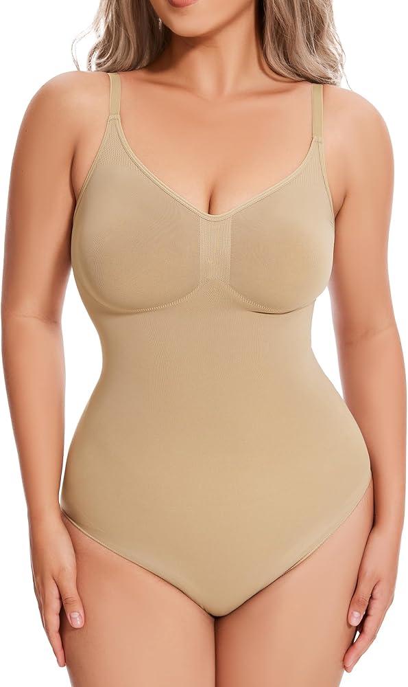 AegisChic Womens Shapewear Tummy Control Seamless Bodysuit Cheap Full Body Shaper Mid Thigh Thong Brief, Small-Medium