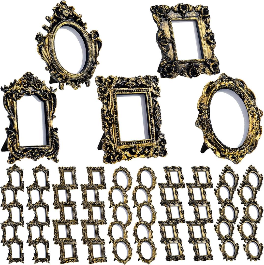 Maitys 50 Pcs Mini Picture Vintage Frames with Stands Tiny Antique Photo Baroque Ornate Resin Oval Frame Table Top Display Home Wedding Decor (Black Gold)