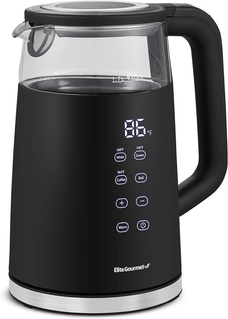 Elite Gourmet EKT8717 1.7L Dual Wall Cool Touch Electric Tea Kettle, Borosilicate Glass, 304 Stainless Steel Interior, Programmed Digital Touchscreen, Keep Warm, Auto Off & Audible Indicator, Black (1.8 Quarts)