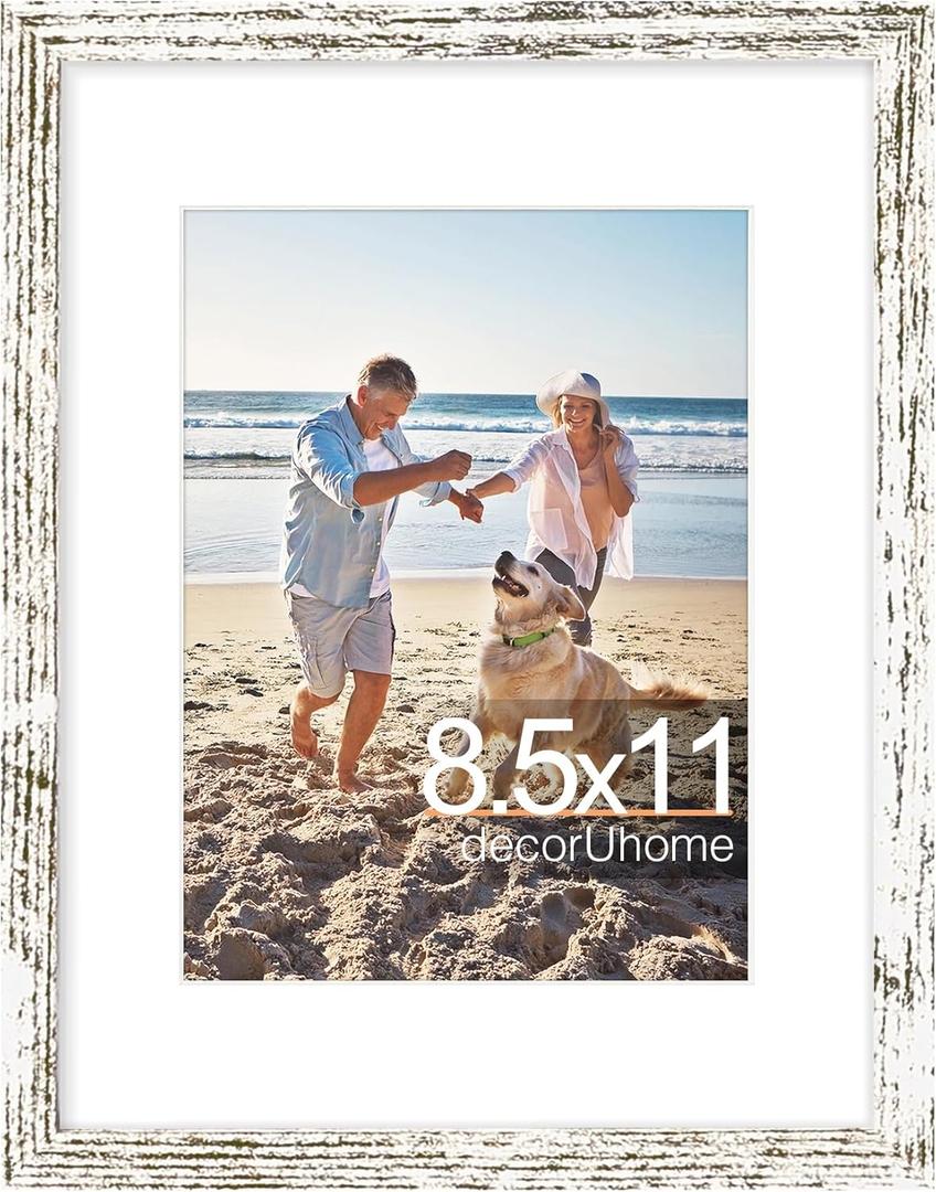 DecorUhome 8.5 by 11 Picture Frame, Display Pictures 6x8 with Mat or 8.5x11 without Mat, Wall & Tabletop Display Certificate Frame, Distressed White, 1 Pack