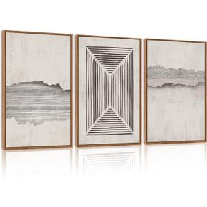 CHDITB Modern Abstract Canvas Wall Art, Neutral Framed Art Prints, Black Beige Large Wall Painting, Geometric Line Textured Minimalist Wall Decor for Living Room Bedroom Dining Room Office 24"x36"x3