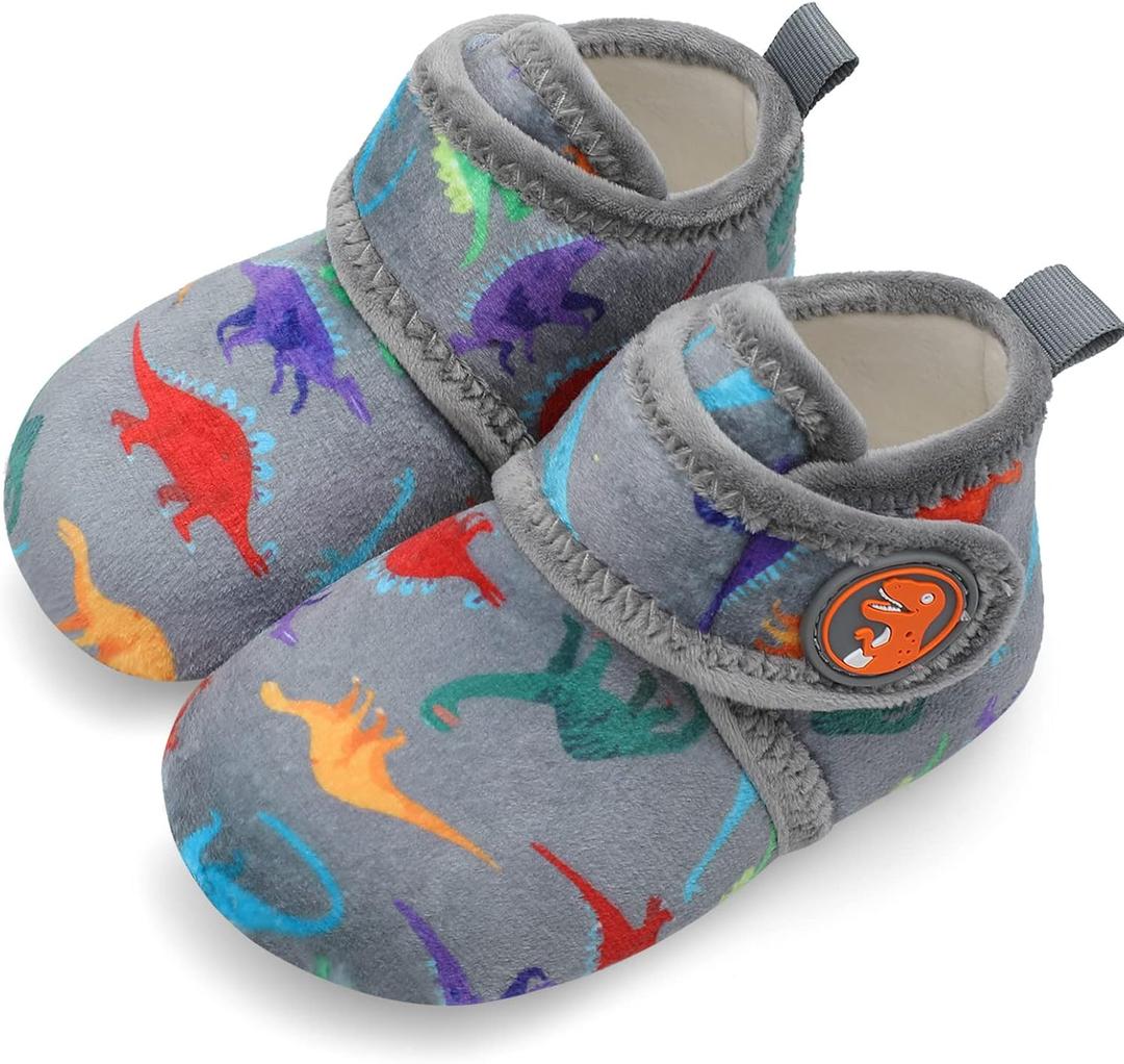 Scurtain Unisex Kids Toddler Slippers Socks Artificial Woolen Slippers with Non-slip Rubber Sole (5.5-6 Toddler, Grey/Dinosaur)