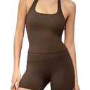 QINSEN 2 Piece Workout Sets for Women Halter Padded Sports Bra slimming Tummy Control Biker Shorts Yoga Outfits Mocha S