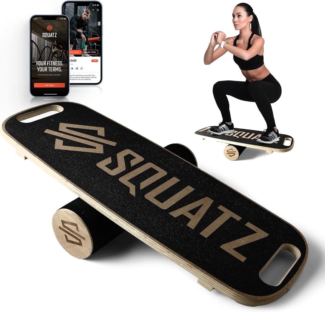 SQUATZ Wooden Balance Board, Standing Desk Anti Fatigue Mat Exercise Equipment with Ergonomic Design and Comfortable Non-Slip Surface, Wobble Board for Skateboard, Hockey, Snowboard, Black (SQDBB-1)