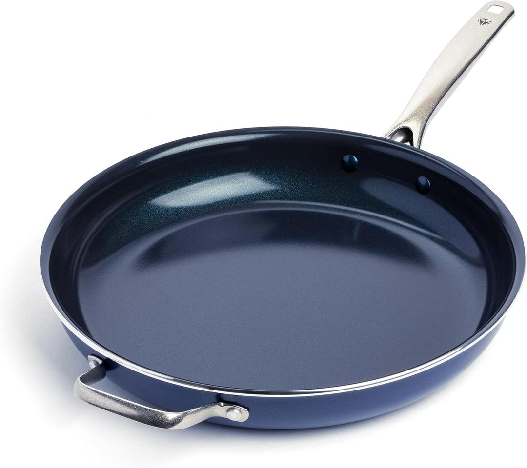 Blue Diamond Cookware Diamond Infused Ceramic Nonstick, 14" Large Frying Pan with Helper Handle, PFAS-Free, Dishwasher Safe, Oven Safe, Blue (14" Frying Pan Skillet)