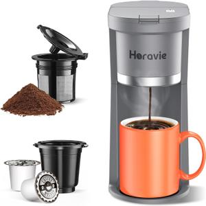 Horavie Small Single Serve Coffee Maker, Fast Brew One Cup Coffee Machine for K Cup and Grounds, 6 to 12 oz. Brew Sizes, Capsule Coffee Machine with Descaling Reminder and Viewing Tank, Grey (9.45 Inches)