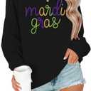 EGELEXY Mardi Gras Sweatshirt Carnival Outfits Women Carnival Embroidery Sweatshirts Fat Tuesday Pullover Tops (Black, XXL)