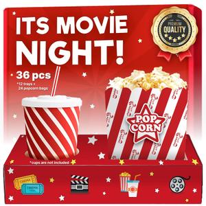 Movie Night Supplies 36 Pcs - Popcorn Bags (24ct) & Movie Night Snack Trays (12ct) - Movie Theater Decor & Popcorn Bowls For Family Movie Night by Cheshire Gifts