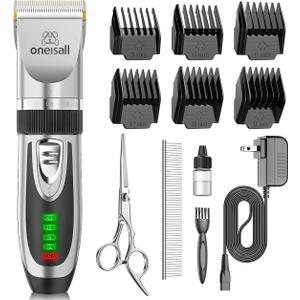oneisall Low Noise 2-Speed Quiet Dog Grooming Kit - Rechargeable Cordless Pet Hair Clipper Trimmer Shaver for Small and Large Dogs, Cats and Animals (Silver)