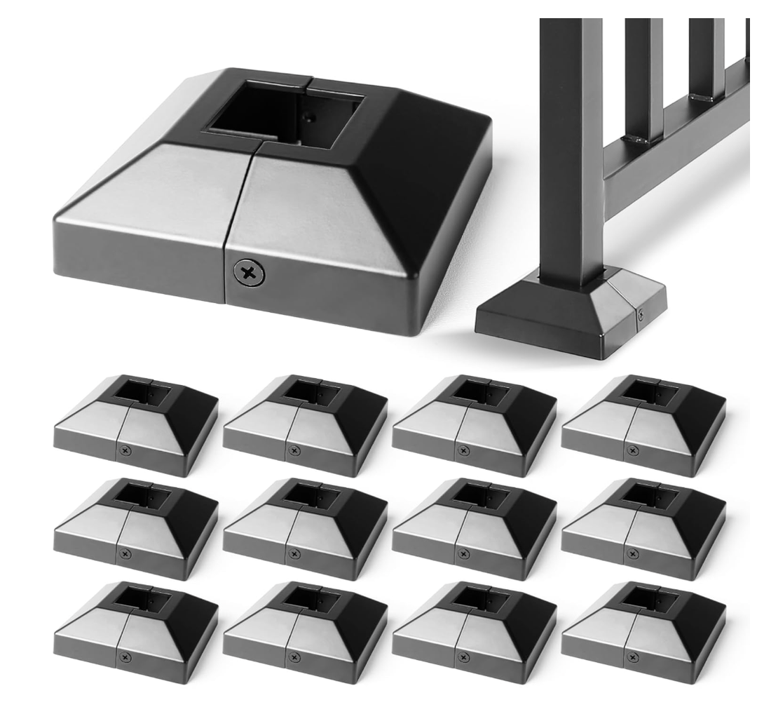 1.5"x1.5" 12Pcs Aluminum Deck Post Base Cover for Railings, Stairs, Patios, Porches - Split Post Skirt (Black)