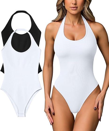 OQQ Women Halter Neck Bodysuits 2 Pack Sleeveless Shapewear One Piece Leotard Shirt Going Out Tops (M)