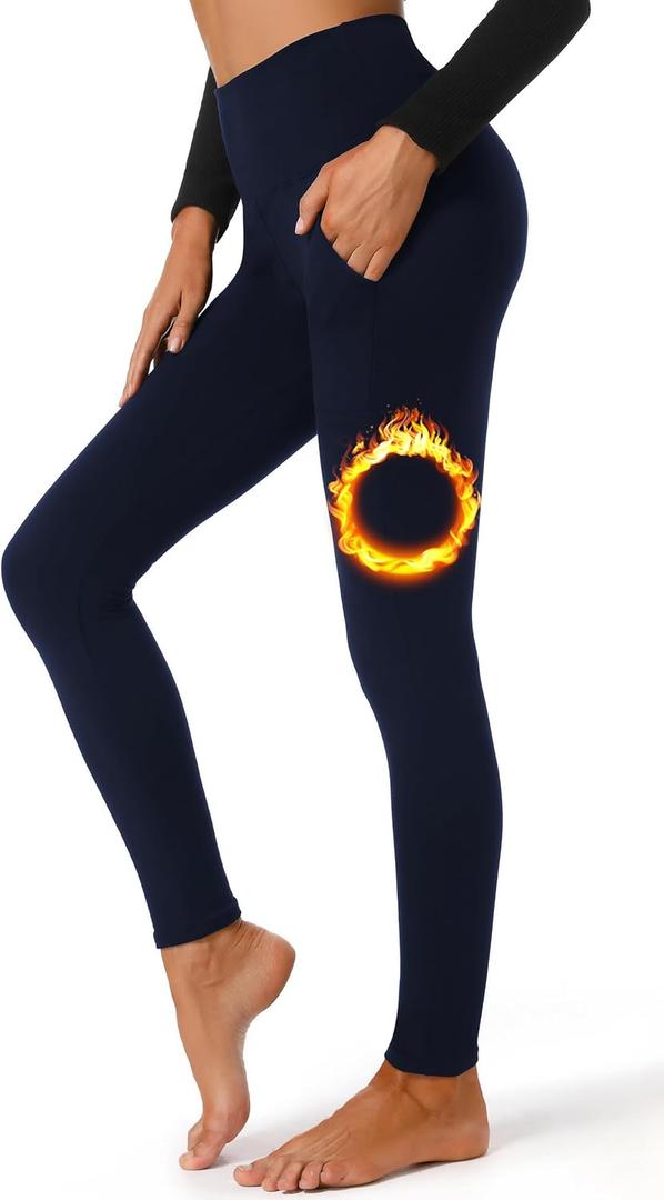 FULLSOFT Fleece Lined Leggings Women High Waisted Tummy Control Workout Winter Thermal Warm Soft Yoga Pants (Small-Medium, Y-navy Blue(with Pockets))
