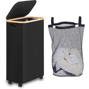 75L Slim Laundry Hamper with Wheels,Clothes Hamper for Laundry,Laundry Basket with Lid & Inner Bag,for Laundry Room, Bedroom, Dormitory Organization,Black