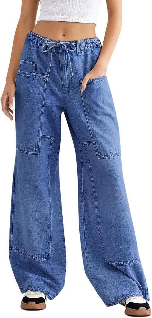 Cicy Bell Womens Wide Leg Jeans Vintage Mid Rise Baggy Boyfriend Belted Denim Pants with Pockets (Blue)