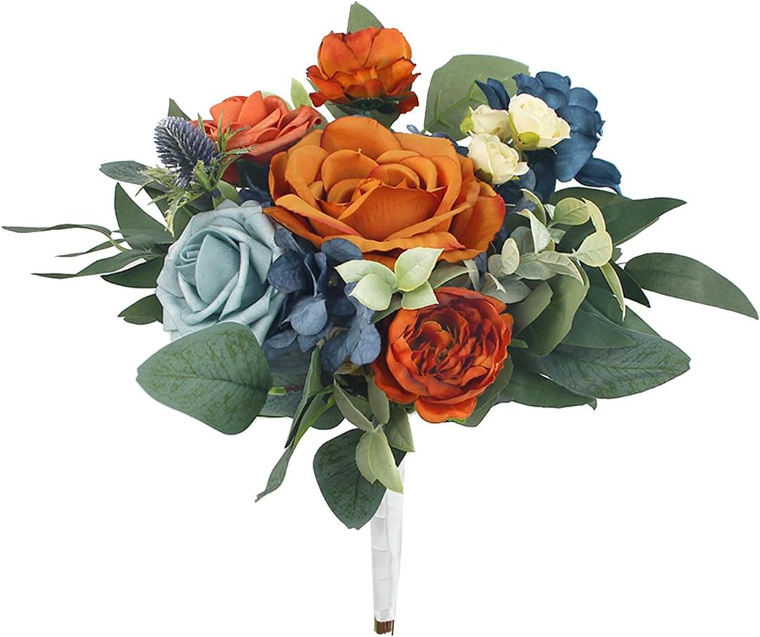 Rinlong 1Pc Fall Wedding Bouquets for Bridesmaids Bride Terracotta Navy Blue Artificial Bridesmaid Bridal Bouquet for Wedding Prom Burnt Orange Navy Blue (one)