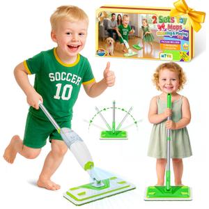 2-Set Toy Mop for Kids - Toddler Real Spray Flat Floor Mop Montessori Cleaning Toy Set, Educational and Fun Gifts for Boys and Girls Ages 4+ (Green)