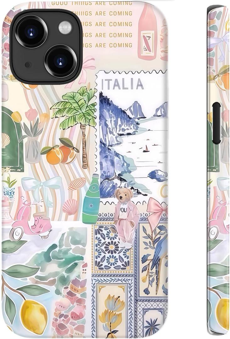 for iPhone 15 Plus Case Cute - Wireless Charging Compatible - Dual-Layer Hard Shell + Silicone Cover - Aesthetic Protective Phone Case for Women - Coquette Italian Summer Collage Coastal