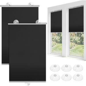 Moukeren 2 Pcs Black Blackout Roller Shades with 6 Suction Cups, 49" x 19.7" No Drilling Retractable Portable Window Blinds, Removable Temporary Blackout Shades for Home Office Bedroom Balcony