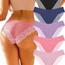 FINETOO Underwear for Women Lace Sexy Hipster V Cut No Show Bikini Panties Seamless Cheeky 5 Pack, (Large)