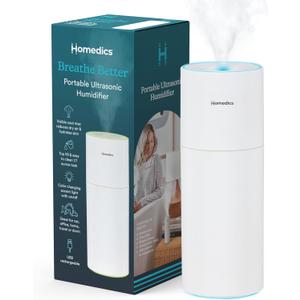 Homedics Portable Humidifier - Small Air Humidifiers for Bedroom, Plants, Office, Travel - Cool Mist Humidifiers, Color-Changing Accent Light, 2 Mist Settings, White