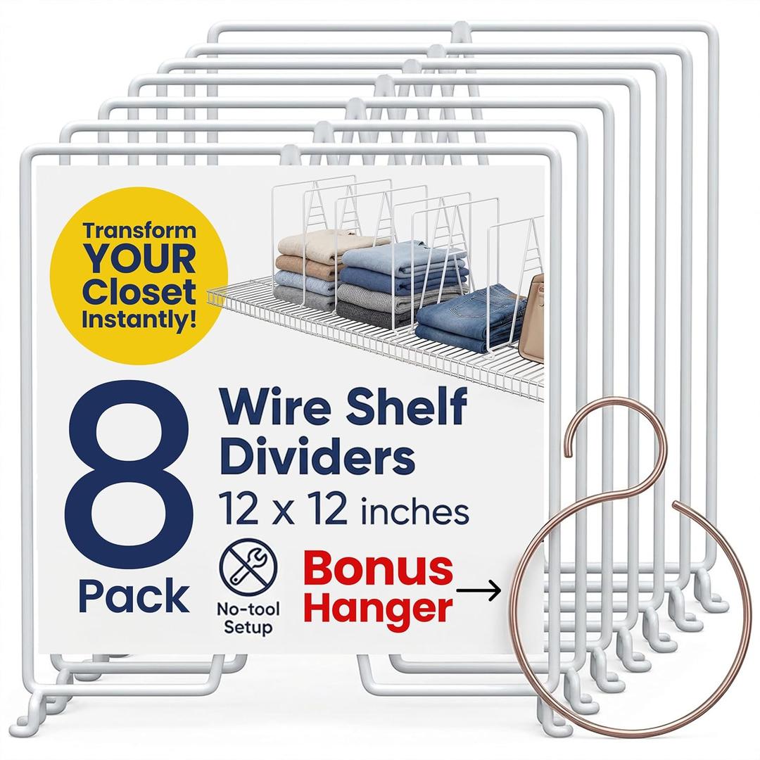 White Wire Shelf Dividers for Closet Organization  8-Pack  Sturdy and Easy Set-Up Closet Shelf Dividers with Bonus Rose Gold Hanger  12 inches x 12 inches