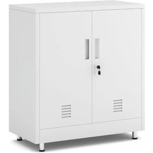 JINGUR Metal Storage Cabinet with Locking Doors and Adjustable Shelf, Small Lockable Sideboard Buffet Cabinet for Home Office Hallway Entryway Living Dining Room (White)
