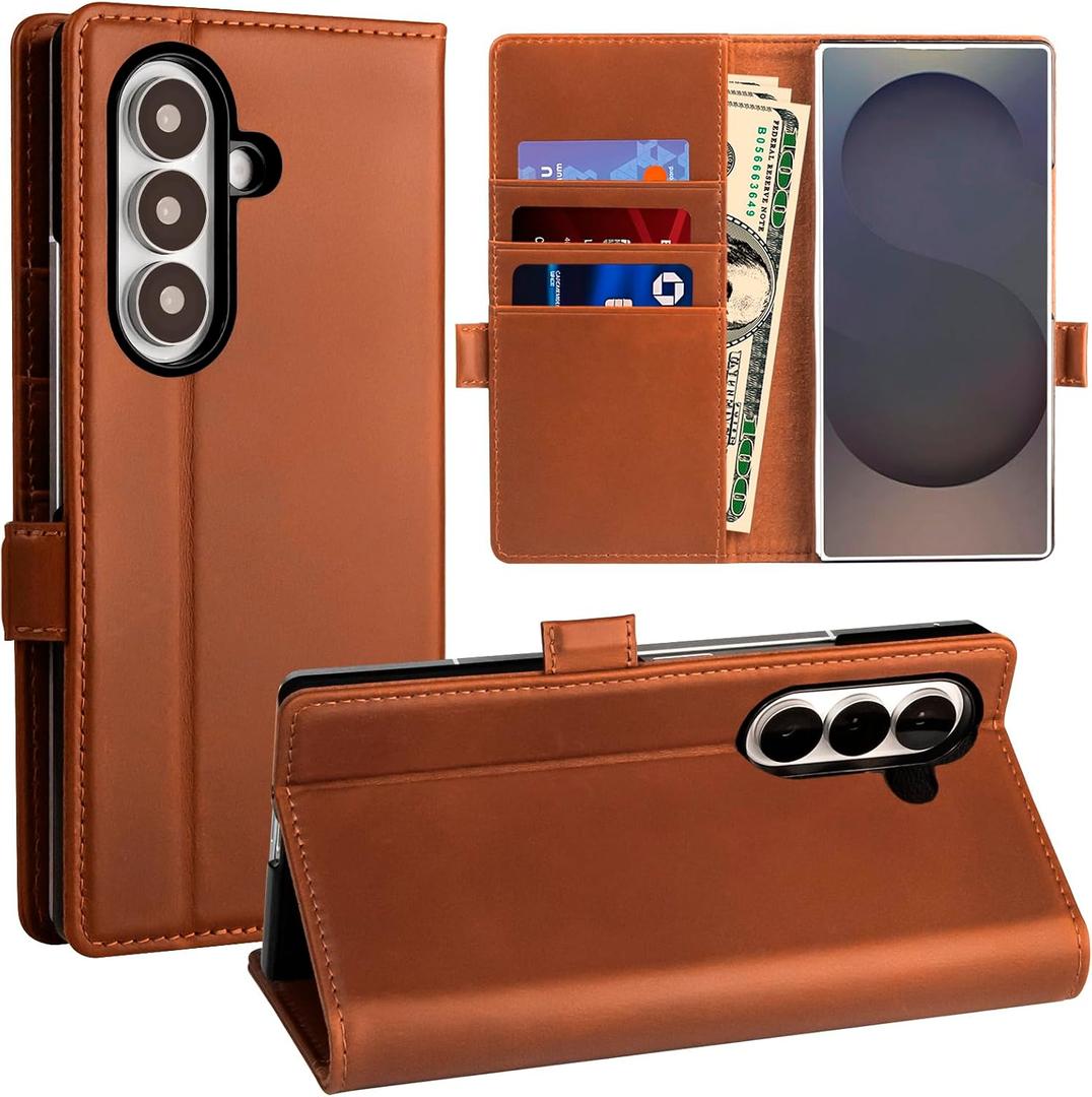 Leather Wallet Case for Samsung Galaxy Z Fold 7 with RFID Blocking Card Holder for Business Men Women Brown, Retro Waxed Leather Shockproof Folio Wallet Case Protective Phone Cover for Z Fold7