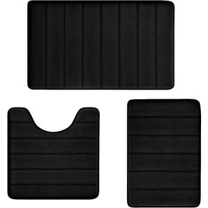 Bathroom Rugs Set Memory Foam Bath Rugs Non-Slip Bath Mat Set 3 Piece,Washable Bathroom Mats,Absorbent Shaggy Rugs Super Soft U-Shaped Toilet Rug,Bahroom Carpets for Bathroom,Tub,ShowerBlack
