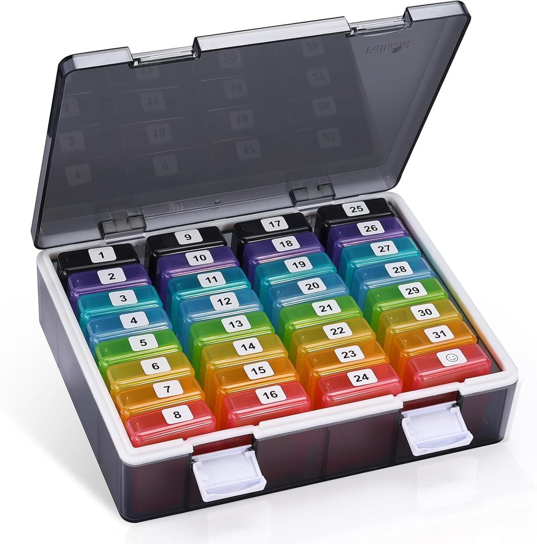 Fullicon Monthly Pill Organizer 1 Time a Day with 32 Compartments, 30 Day Pill Organizer with Labels, Portable Pill Box Pillulier Portatif 31 Jours for Vitamin, Fish Oil, Supplements (Black/Rainbow)