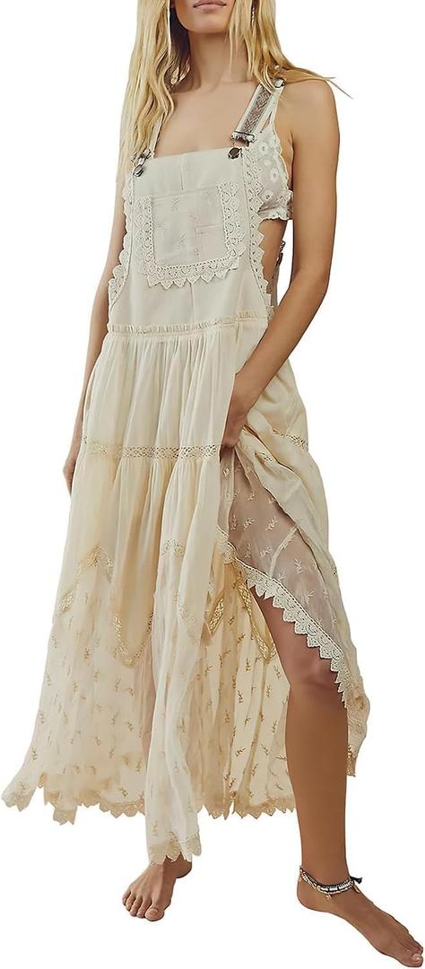 ebossy Women's Laced Embroidered Tulle Bib Dress Casual Loose Adjustable Straps Maxi Dress (S, Apricot)