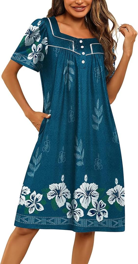 Ekouaer Women's House Dress with Pockets Moomoo Dresses Short Sleeve Mumu Nightgown Lounge Dress Button Down Sleepwear 3XL