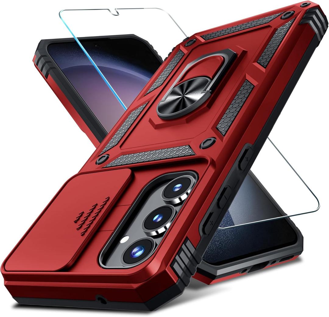 Janmitta Compatible with Samsung Galaxy A35 5G Case Built in Slide Camera Lens Cover+Screen Protector+Finger Ring Holder Kickstand,Heavy Duty Shockproof Full Body Phone Cover,2024 Red