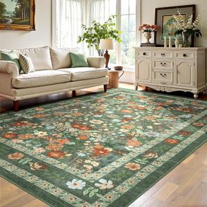 Deerly Green Floral Area Rug 5x7 Vintage Boho Washable Non-Slip Living Room Carpet Soft Low Pile Thin Bedroom Floor Mat Indoor Home Decor for Dining Room Playroom Nursery Farmhouse, Green/Multi