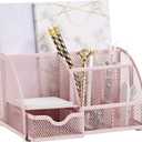 Annova Mesh Desk Organizer Office with 7 Compartments + Drawer/Desk Tidy Candy/Pen Holder/Multifunctional Organizer (Light Pink)