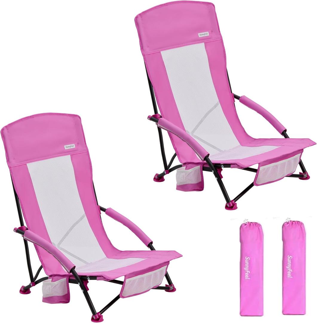 SUNNYFEEL Folding Beach Chair, High Back Beach Chairs for Adults, Lightweight Portable Camp Chair 300lbs Heavy Duty with Carry Bag, Cup Holder for Outdoor Travel Picnic Concert, 2 Pack, Pink, Large